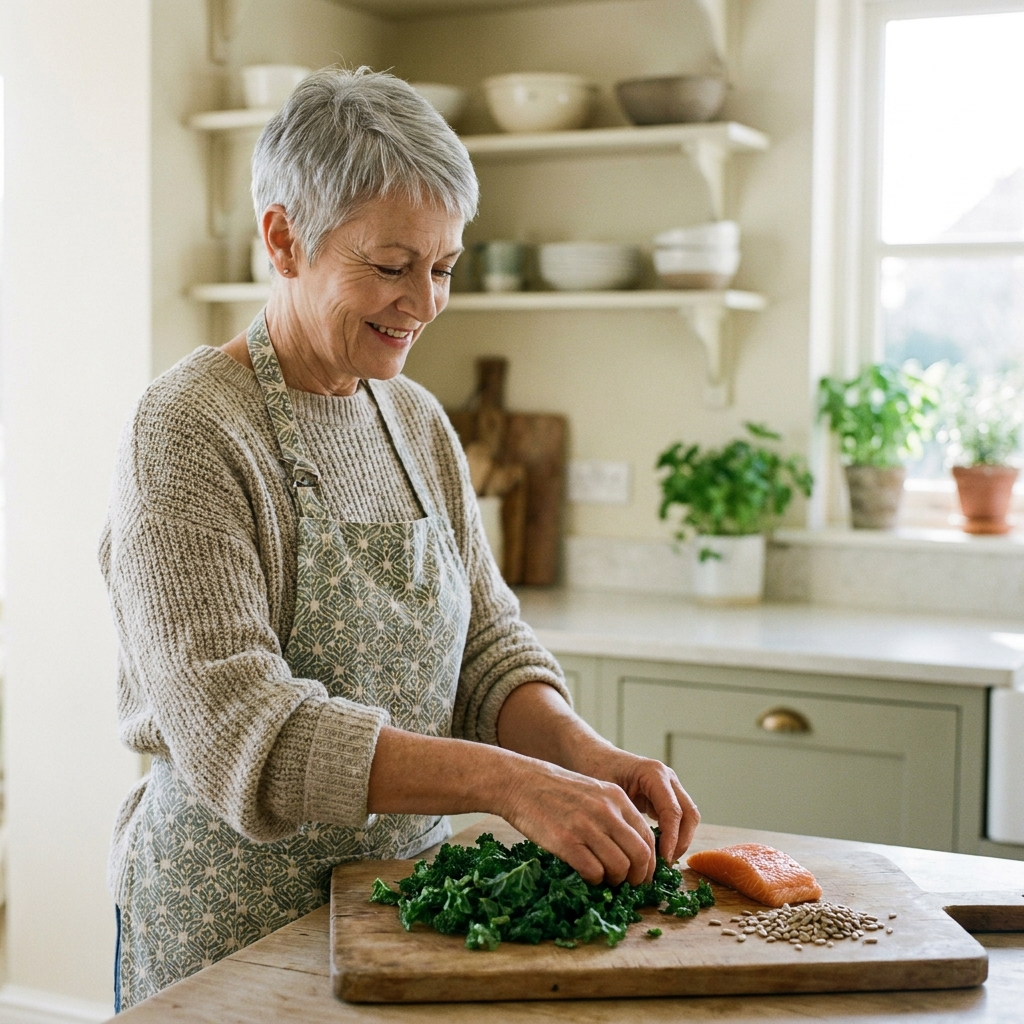 A woman cooking a healthy meal at home