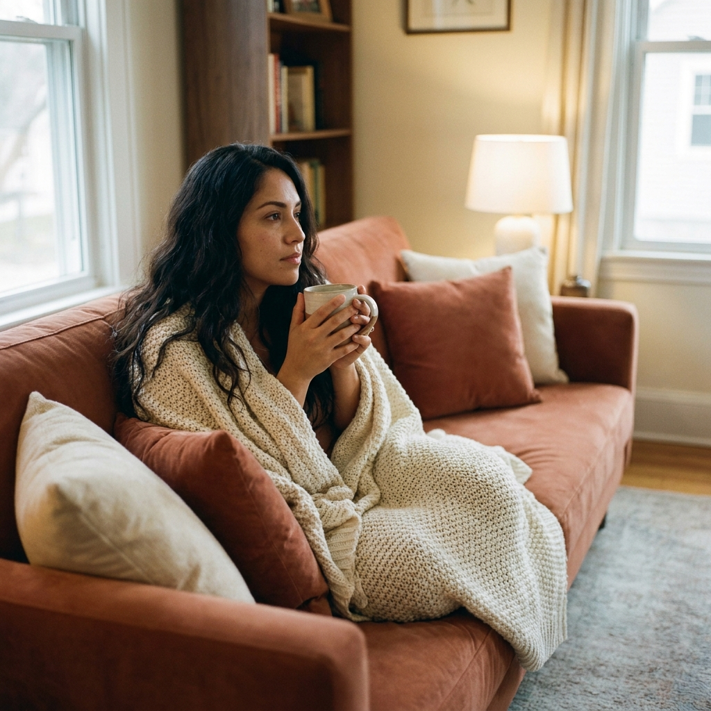 A woman wrapped in a blanket on the couch, pausing