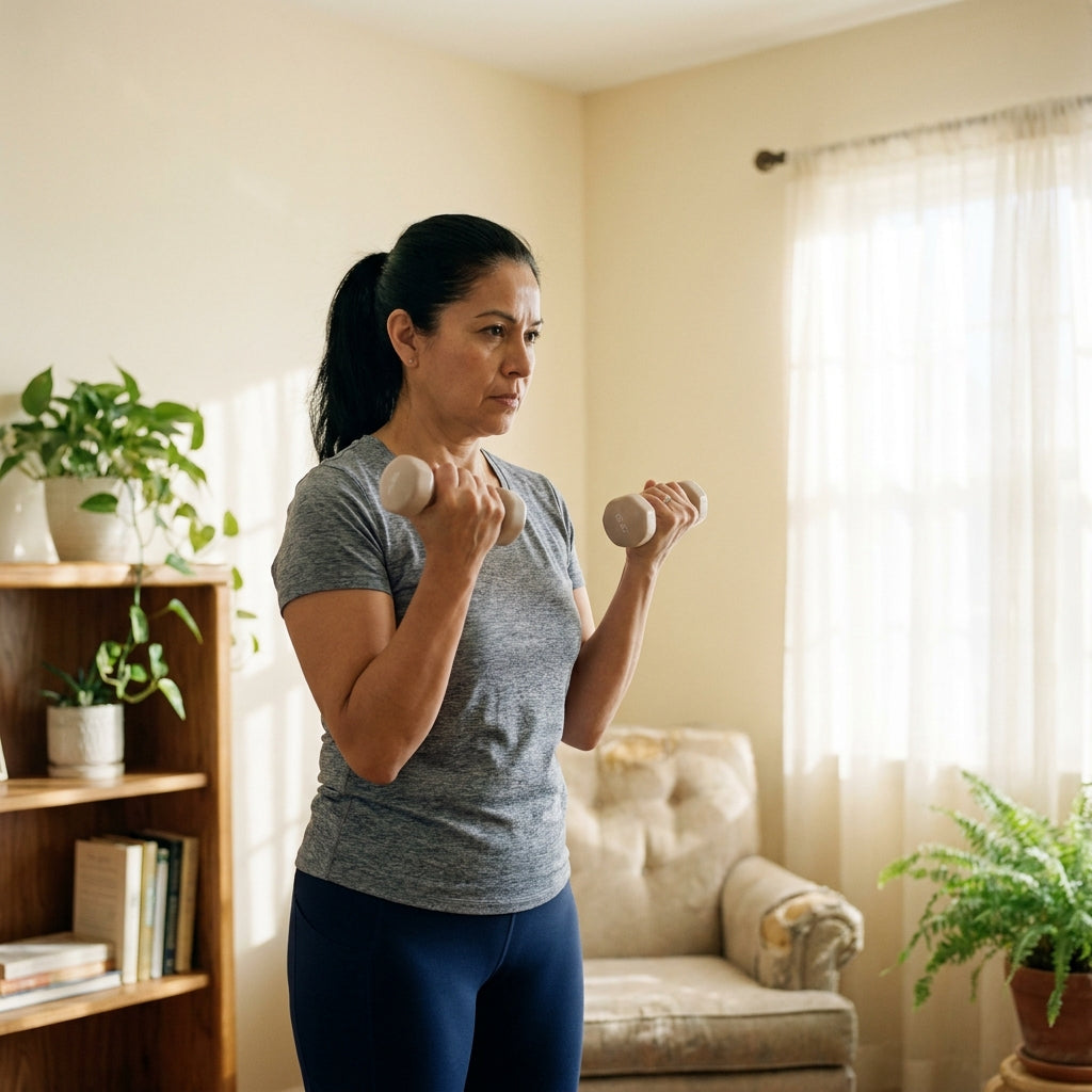 A woman building strength with dumbbells at home