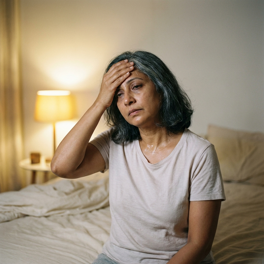 A woman awake and overwhelmed at night