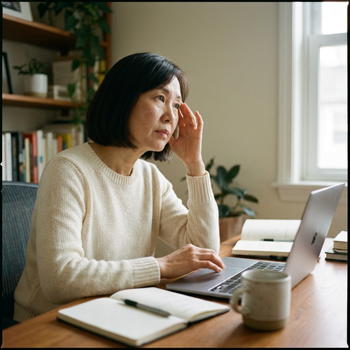 A woman pausing from her laptop, struggling to focus