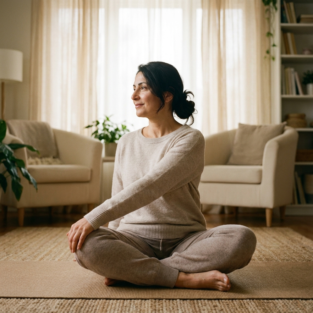 A woman sitting calmly and centred at home