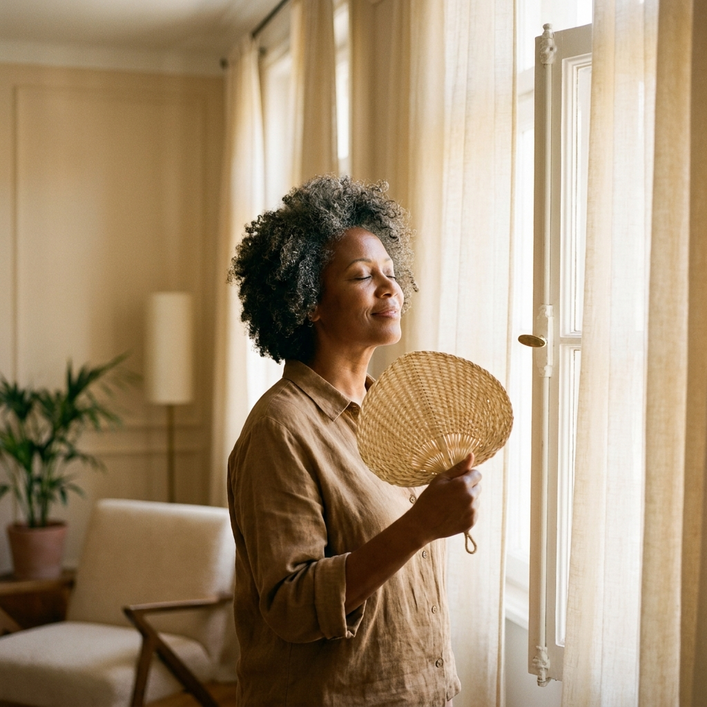 A woman fanning herself by the window during a hot flash