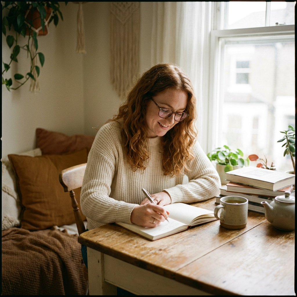 A woman happily journaling at her desk