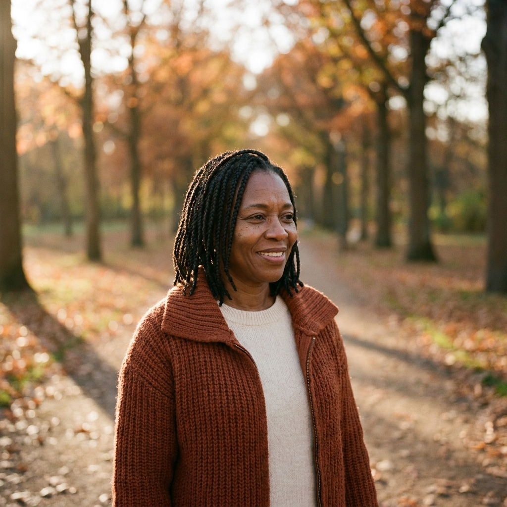 A woman smiling on a walk through an autumn park